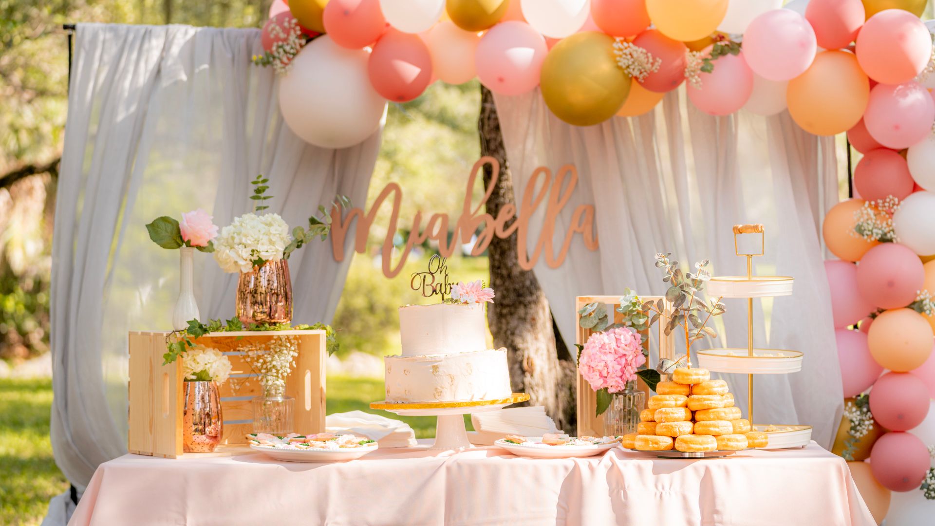 Colorful baby shower decoration setup at The Tiny Chateau