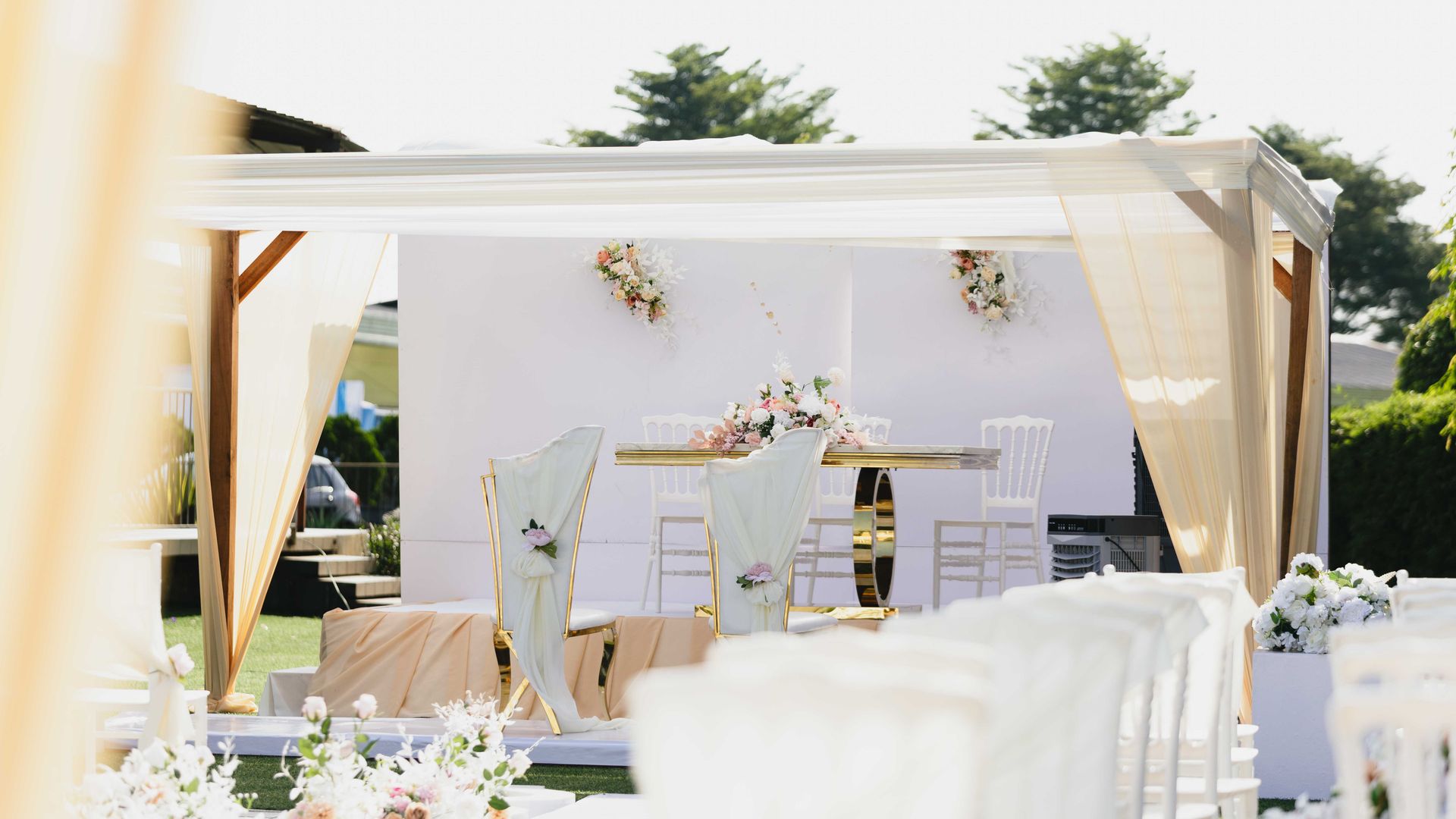 Travel wedding package setup at an outdoor location